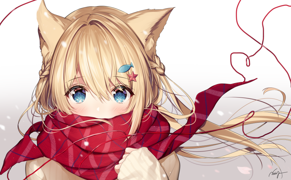 1girl animal_ears bangs blonde_hair blue_eyes blush braid cat_ears cherry_blossoms commentary_request covering_mouth eyebrows_visible_through_hair gradient gradient_background hair_between_eyes hair_ornament long_hair necomi original red_scarf scarf signature sleeves_past_wrists solo sweater upper_body