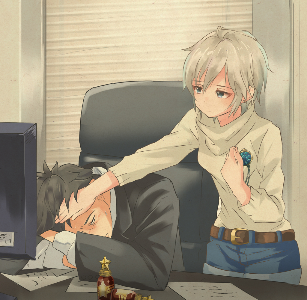 1boy 1girl anastasia_(idolmaster) belt belt_buckle blinds blue_eyes bottle buckle business_suit chair denim denim_shorts desk earrings formal hand_on_another's_face idolmaster idolmaster_cinderella_girls indoors jewelry marimo_(momiage) monitor office_chair pendant producer_(idolmaster_cinderella_girls_anime) short_hair shorts silver_hair star stud_earrings suit sweat sweater