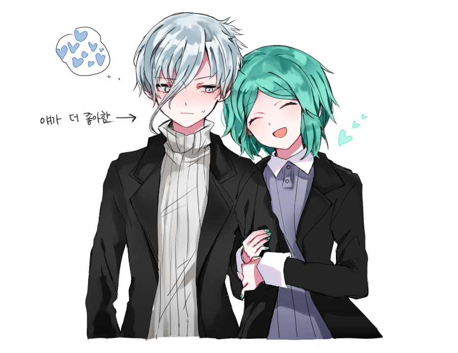 androgynous antarcticite arm_grab blush closed_eyes green_hair grey_eyes heart houseki_no_kuni jacket korean long_sleeves nail_polish phosphophyllite retto short_hair silver_hair smile sweater translation_request white_background