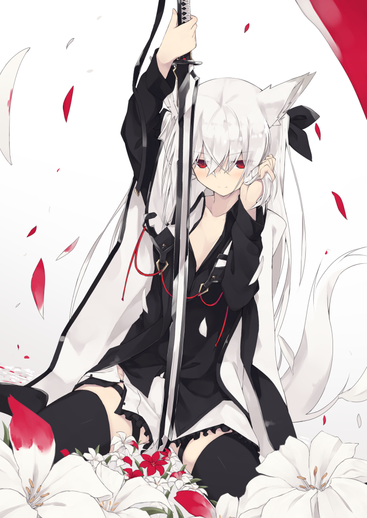 1girl animal_ears bangs black_legwear blush closed_mouth commentary_request eyebrows_visible_through_hair flower fox_ears fox_tail hair_between_eyes holding holding_hair katana lily_(flower) long_hair long_sleeves looking_down nagishiro_mito original petals planted_sword planted_weapon red_eyes sitting smile solo sword tail thigh-highs wariza weapon white_background white_hair