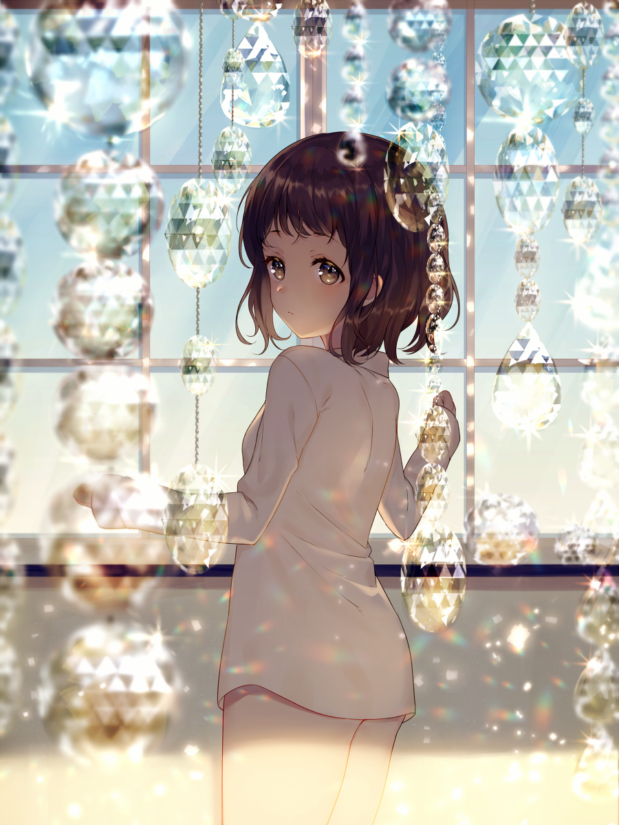 1girl achiki bangs blue_sky blurry blurry_foreground blush breasts brown_eyes brown_hair closed_mouth commentary_request cowboy_shot day depth_of_field eyebrows_visible_through_hair highres indoors long_sleeves looking_at_viewer looking_back original shirt sky small_breasts solo white_shirt window
