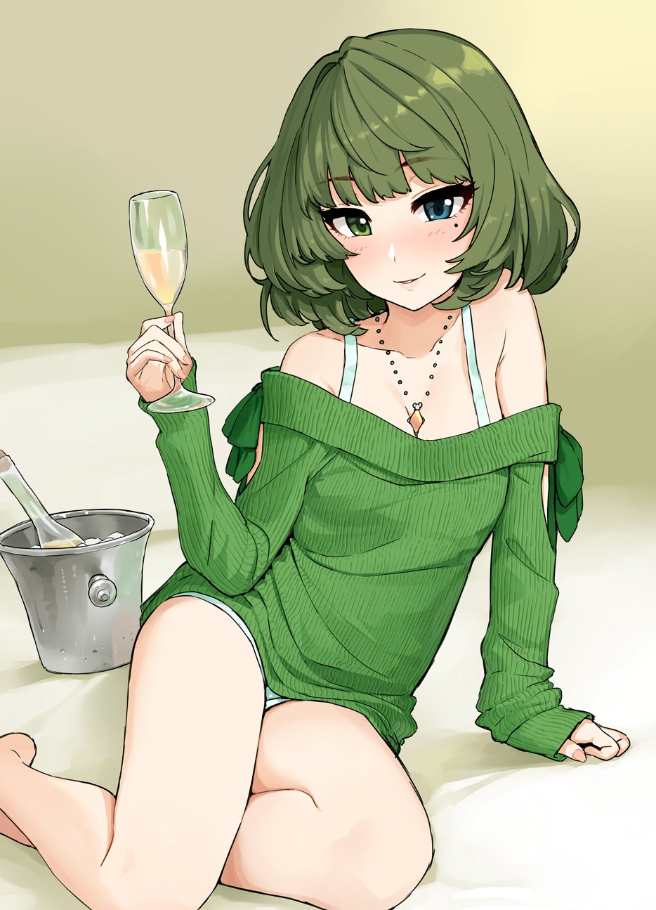 1girl alcohol arm_support bare_legs bare_shoulders blue_eyes blush champagne_bottle champagne_flute commentary cup drinking_glass eyebrows_visible_through_hair feet_out_of_frame green_eyes green_hair heterochromia highres holding holding_drinking_glass ice_bucket idolmaster idolmaster_cinderella_girls jewelry looking_at_viewer mole mole_under_eye necklace off-shoulder_sweater omaru_gyuunyuu parted_lips short_hair short_shorts shorts sitting sleeves_past_wrists smile solo sweater takagaki_kaede