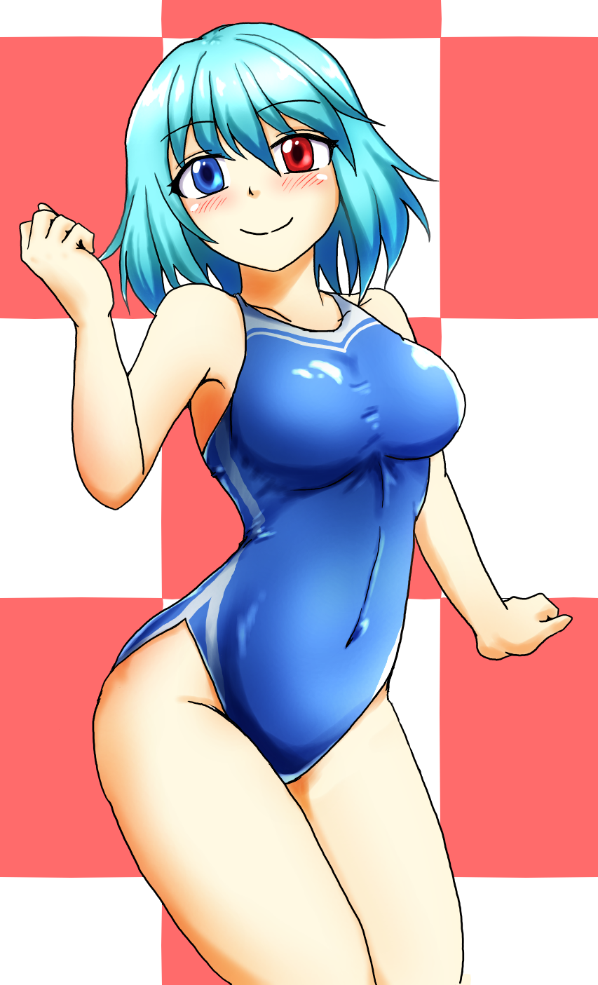 bare_arms bare_shoulders blue_hair blue_swimsuit blush breasts checkered checkered_background closed_mouth collarbone commentary_request competition_swimsuit contrapposto cowboy_shot d-m_(dii_emu) eyebrows eyebrows_visible_through_hair groin hand_up heterochromia highleg highleg_swimsuit highres large_breasts looking_at_viewer one-piece_swimsuit smile solo standing swimsuit tatara_kogasa touhou