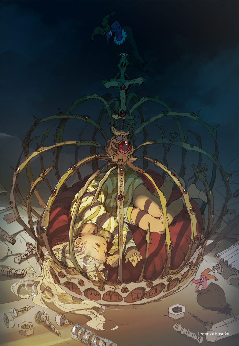 1girl androgynous artist_name blonde_hair buzzard cage child crown demizu_posuka inside long_hair lying nut_(hardware) on_side original shadow shirt sleeping striped striped_shirt