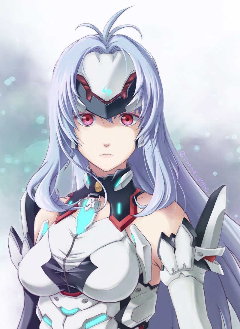 1girl android artist_request blue_hair breasts expressionless forehead_protector gloves kos-mos_re: long_hair looking_at_viewer red_eyes solo very_long_hair xenoblade xenoblade_2 xenosaga