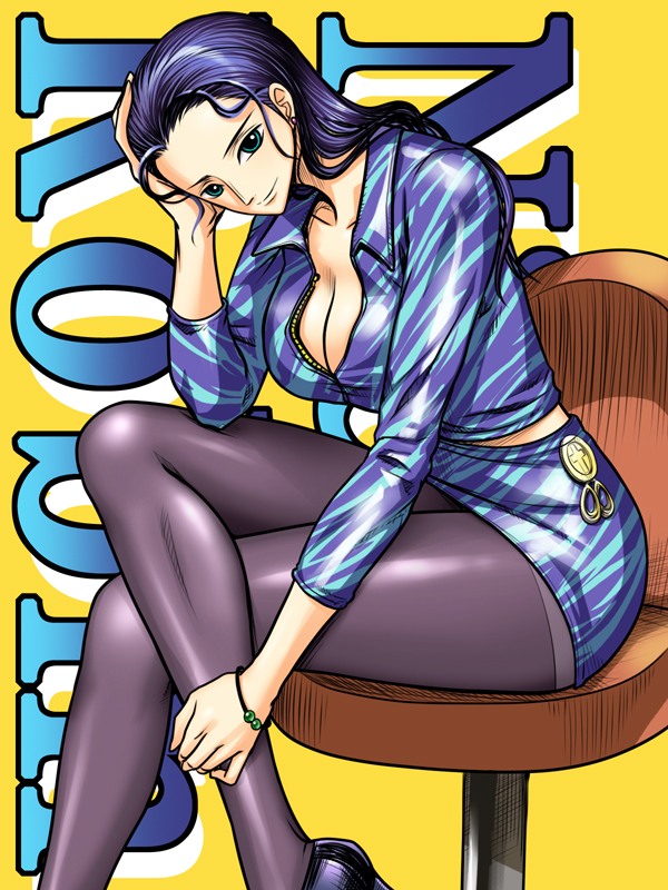 1girl blue_eyes blue_hair bracelet breasts carny chair character_name cleavage hand_on_leg hand_on_own_leg head_on_hand jewelry large_breasts legs_crossed long_hair miniskirt nico_robin one_piece sitting skirt solo thighs yellow_background