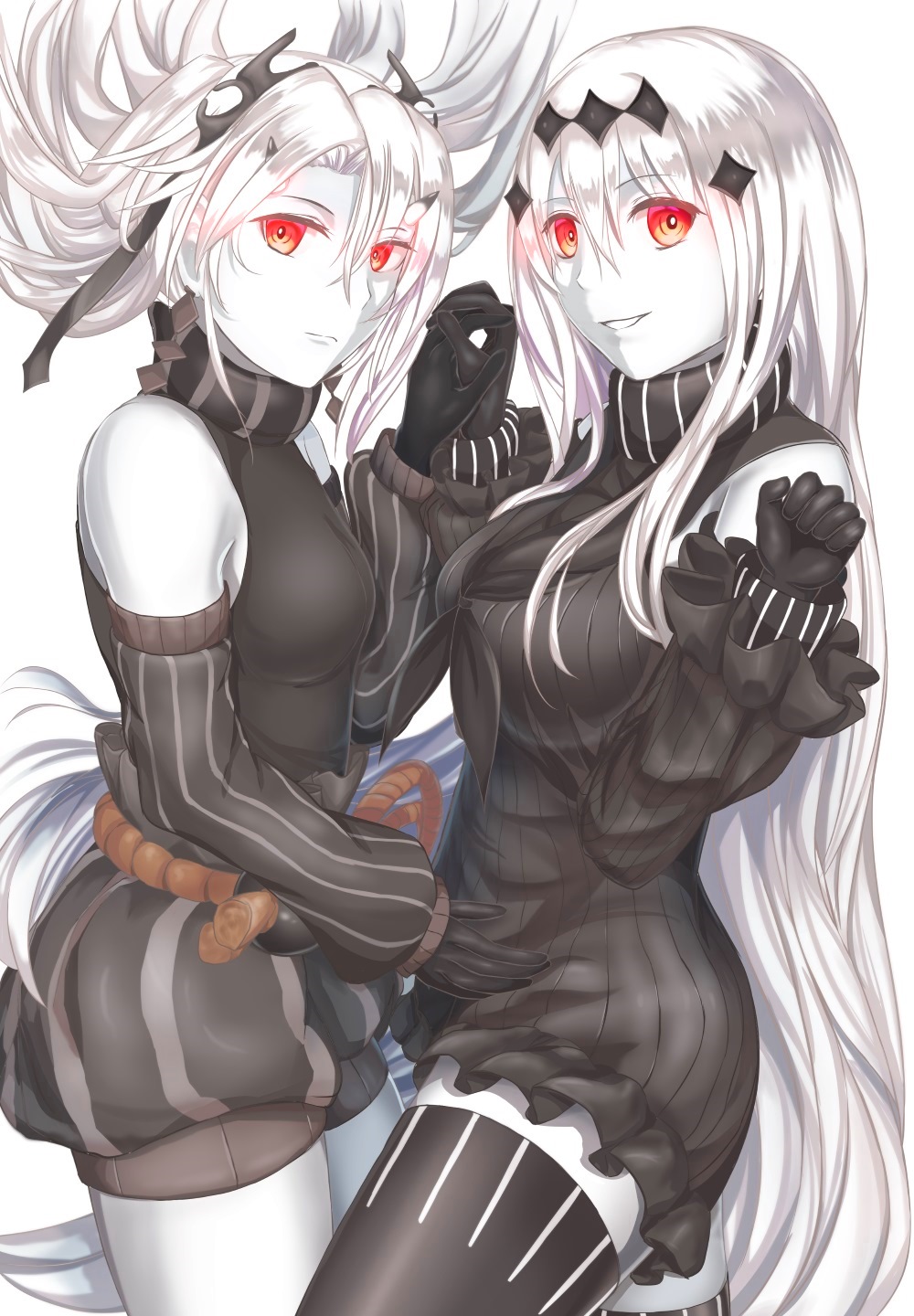 2girls abyssal_crane_hime aircraft_carrier_water_oni armor armored_boots black_dress black_legwear boots detached_sleeves dress hand_holding highres horns japanese_clothes kantai_collection long_hair multiple_girls red_eyes ribbed_dress sabakuomoto sailor_dress shinkaisei-kan short_dress thigh-highs very_long_hair white_background white_hair white_skin