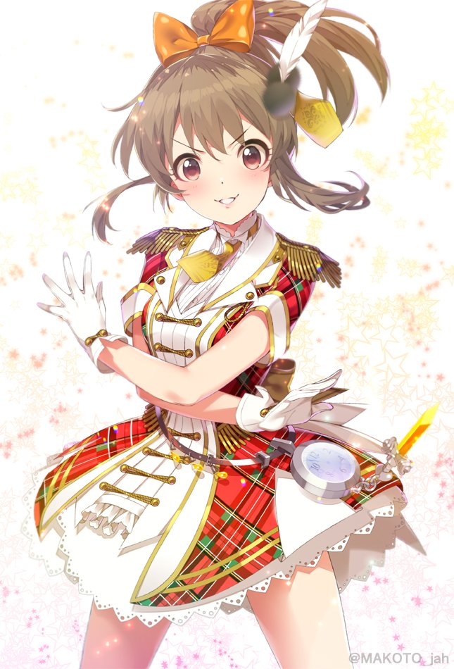 1girl \||/ across_the_stars bangs belt blush breasts brown_eyes brown_hair cowboy_shot crossed_arms dress epaulettes eyebrows_visible_through_hair feathers gloves hair_feathers hair_ornament hair_ribbon happy_birthday hori_yuuko idolmaster idolmaster_cinderella_girls idolmaster_cinderella_girls_starlight_stage lace looking_at_viewer medium_breasts mizuki_makoto necktie open_mouth orange_ribbon plaid plaid_dress ponytail ribbon short_sleeves smile solo spread_legs standing star starry_background teeth twitter_username white_gloves