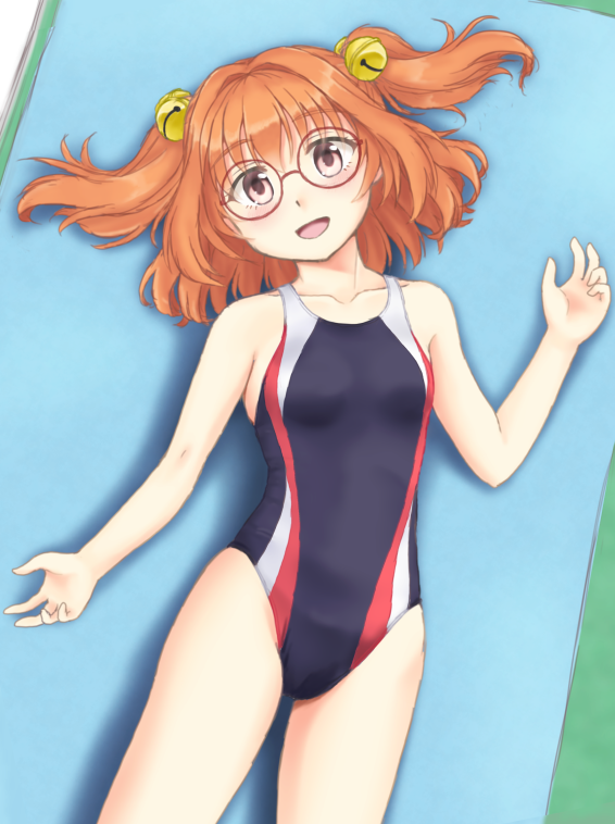 1girl bell black_swimsuit brown_eyes glasses gomi_(gomitin) hair_bell hair_ornament looking_at_viewer motoori_kosuzu open_mouth orange_hair short_hair smile solo swimsuit touhou twintails