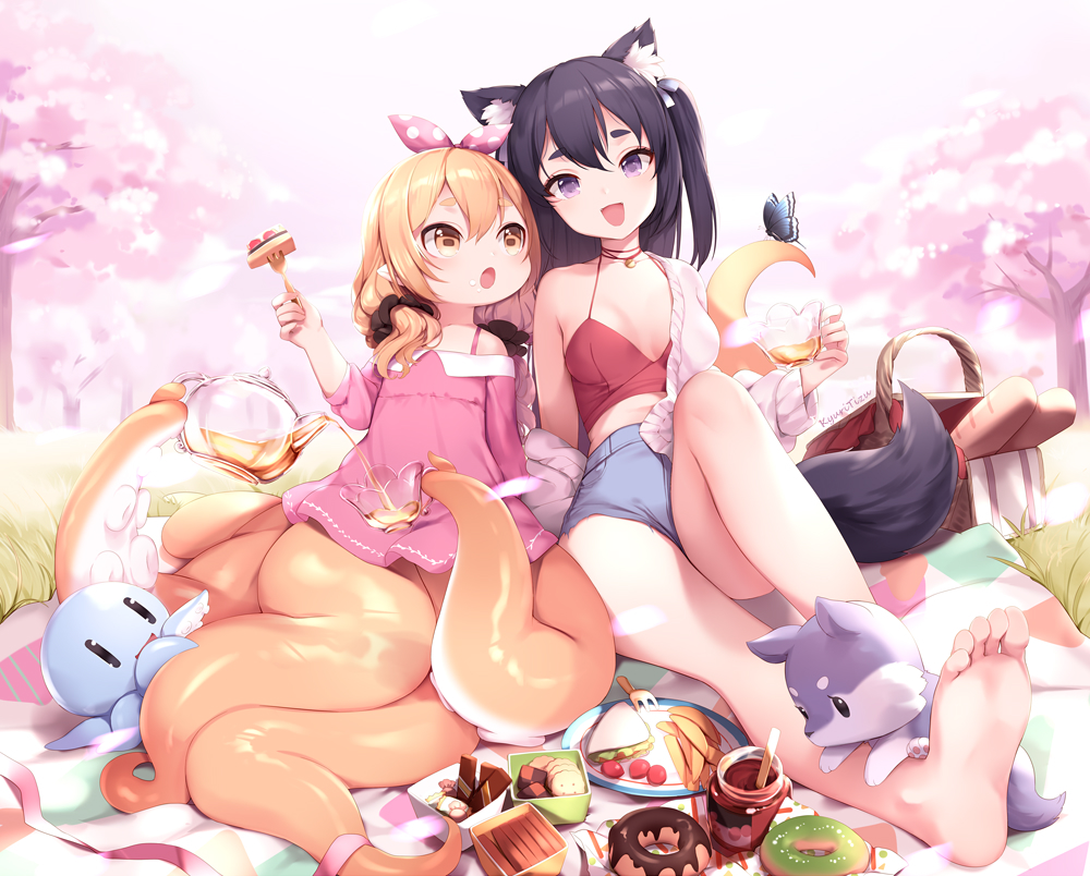 2girls :d :o animal_ears artist_name baguette bangs bare_shoulders barefoot basket black_hair blanket blonde_hair blue_ribbon blue_shorts box bread breasts butterfly cherry_blossoms collarbone cookie cup day denim denim_shorts doughnut dress feet food fork fox fox_ears fox_tail full_body grass hair_ornament hair_over_shoulder hair_ribbon hair_scrunchie head_tilt holding holding_cup holding_fork knee_up kyuri_tizu long_hair long_sleeves looking_at_viewer low_twintails monster_girl multiple_girls octopus off_shoulder one_side_up open_mouth orange_eyes original outdoors paws pink_dress plate pointy_ears polka_dot_ribbon ribbon sandwich scrunchie scylla shiny shiny_hair short_shorts shorts single_bare_shoulder small_breasts smile soles spring_onion tail tareme teacup tentacle toes tree twintails violet_eyes