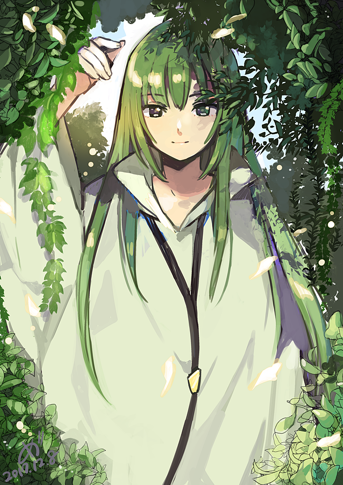 1boy 2017 androgynous arm_up bangs closed_mouth dated enkidu_(fate/strange_fake) eyebrows eyebrows_visible_through_hair facing_viewer fate/strange_fake fate_(series) green green_eyes green_hair hair_between_eyes long_hair long_sleeves looking_at_viewer male_focus medu_(rubish) plant robe smile solo straight_hair very_long_hair white_robe wide_sleeves