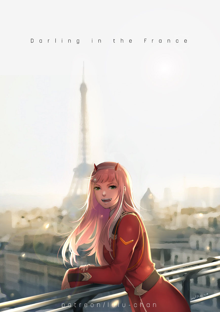 1girl :d against_railing artist_name bangs blunt_bangs blurry blurry_background city copyright_name darling_in_the_franxx dated day dress eiffel_tower green_eyes hairband highres horns leaning_forward lens_flare long_sleeves looking_at_viewer lulu-chan92 military military_uniform open_mouth outdoors paris pun railing real_world_location red_dress smile solo straight_hair sunlight teeth uniform upper_body watermark web_address white_hairband zero_two_(darling_in_the_franxx)