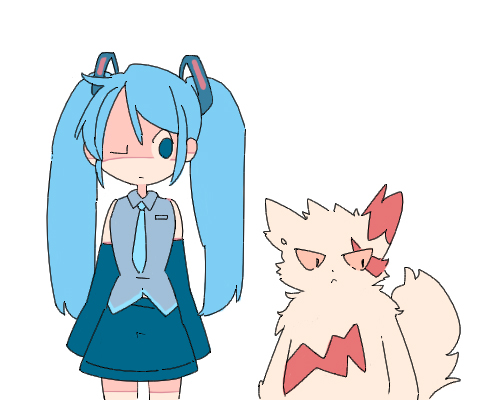 1girl :&lt; ;| aqua_neckwear arms_at_sides bangs bare_shoulders blue_eyes blue_hair blue_skirt closed_mouth cowboy_shot crossover detached_sleeves gen_3_pokemon grey_shirt hair_ornament hatsune_miku koukou_(climacool) long_hair looking_at_another looking_away looking_to_the_side lowres necktie no_nose one_eye_closed pokemon pokemon_(creature) shaded_face shirt simple_background skirt sleeves_past_wrists swept_bangs twintails vocaloid white_background zangoose