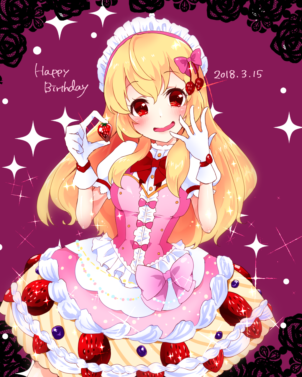 1girl aikatsu! bangs birthday blonde_hair dated dress english food fruit gloves happy_birthday highres hoshimiya_ichigo long_hair looking_at_viewer mikorin open_mouth pink_dress pink_ribbon red_eyes red_ribbon ribbon solo sparkle_background strawberry