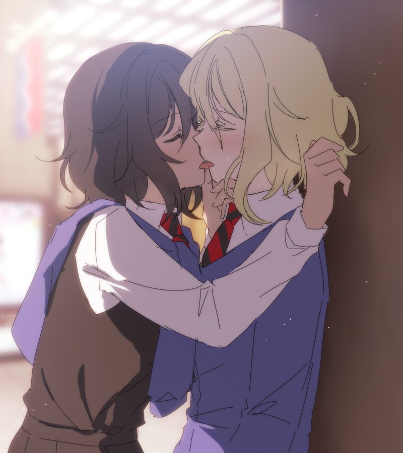 2girls against_wall amazuki_jou andou_(girls_und_panzer) bangs bc_freedom_school_uniform black_hair black_skirt black_vest blonde_hair blue_neckwear blue_sweater blurry blurry_background blush cardigan closed_eyes commentary dark_skin depth_of_field diagonal_stripes dress_shirt eyebrows_visible_through_hair french_kiss from_side girls_und_panzer hand_on_another's_face kiss long_sleeves medium_hair multiple_girls necktie oshida_(girls_und_panzer) pleated_skirt red_neckwear saliva school_uniform shirt skirt standing striped_neckwear sweater tongue tongue_out upper_body vest white_shirt wing_collar yuri