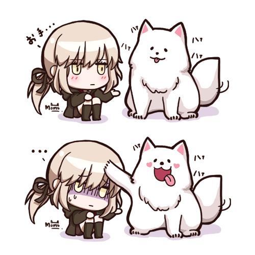 1girl 2koma :3 artoria_pendragon_(all) black_legwear black_ribbon blonde_hair blush chibi comic dog fate/grand_order fate/stay_night fate_(series) hair_ribbon kneehighs long_sleeves low_ponytail lowres no_nose open_mouth rabbit_hole ribbon saber_alter shaded_face sitting sweat tongue tongue_out white_background yellow_eyes