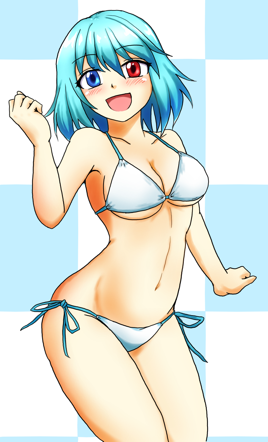 1girl :d bare_arms bare_shoulders bikini blue_bikini blue_hair blush breasts checkered checkered_background commentary_request contrapposto cowboy_shot d-m_(dii_emu) eyebrows eyebrows_visible_through_hair groin hand_up heterochromia highres large_breasts looking_at_viewer midriff navel open_mouth short_hair side-tie_bikini smile solo standing swimsuit tatara_kogasa touhou