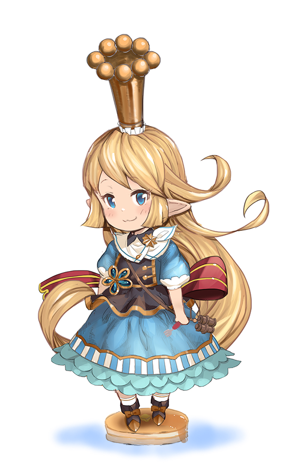 1girl :3 blonde_hair blue_eyes blue_skirt charlotta_(granblue_fantasy) closed_mouth crown fork full_body granblue_fantasy long_hair looking_at_viewer o_(rakkasei) pointy_ears simple_background skirt smile solo very_long_hair white_background