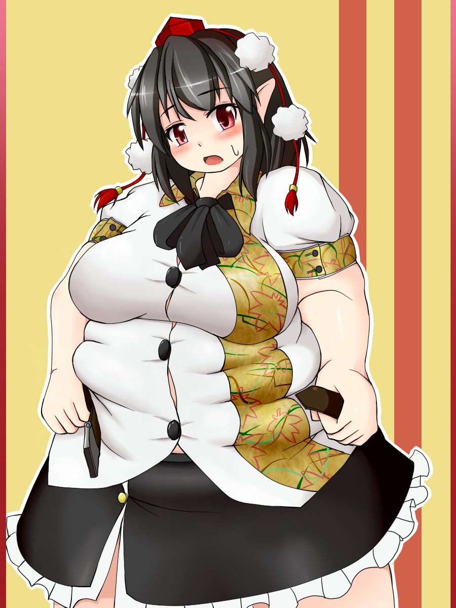 1girl belt big_belly black_hair blush breasts collared_shirt d: fat fat_folds hat highres large_breasts looking_at_viewer medium_hair nerizou obese open_mouth pointy_ears pom_pom_(clothes) red_eyes sagging_breasts shameimaru_aya shirt skirt solo sweat tokin_hat touhou undersized_clothes