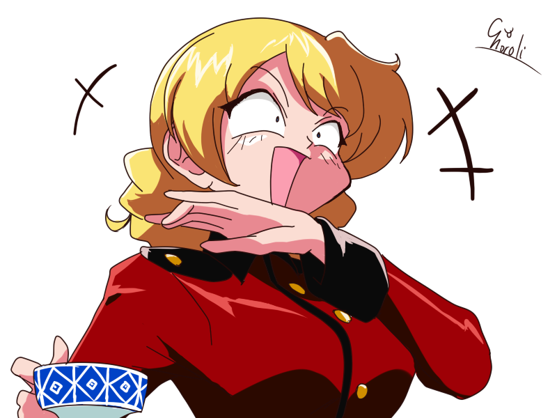 1girl :d artist_name blonde_hair blue_eyes braid choroli_(chorolin) commentary covering_mouth cup darjeeling epaulettes eyebrows_visible_through_hair girls_und_panzer holding jacket laughing long_sleeves military military_uniform open_mouth red_jacket short_hair signature simple_background smile solo st._gloriana's_military_uniform teacup tied_hair twin_braids uniform upper_body v-shaped_eyebrows white_background