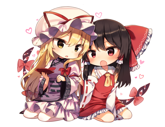 2girls :o ascot bare_shoulders black_hair blonde_hair blush bow chibi commentary_request cup detached_sleeves dress eyebrows_visible_through_hair frilled_shirt_collar frills gap hair_bow hakurei_reimu hat hat_ribbon heart holding holding_cup juliet_sleeves layered_dress long_hair long_sleeves mob_cap multiple_girls open_mouth parted_lips petticoat puffy_sleeves red_bow red_eyes ribbon sakazuki seiza shinoba sitting tabard touhou very_long_hair white_dress white_hat white_legwear wide_sleeves yakumo_yukari yellow_eyes yellow_neckwear