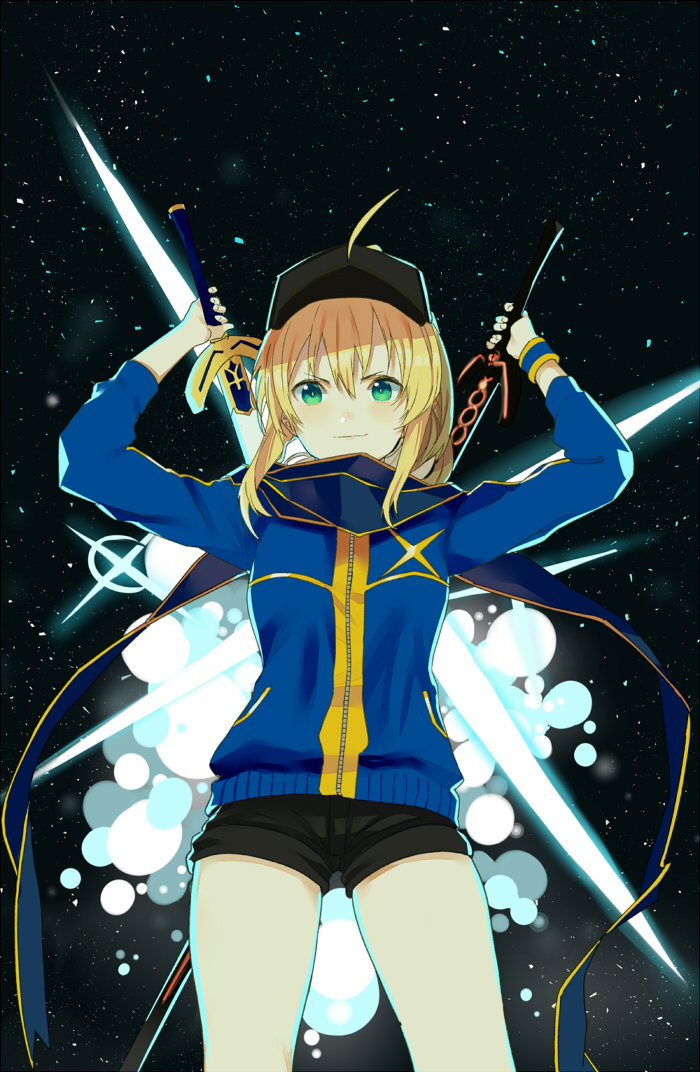 1girl artoria_pendragon_(all) baseball_cap black_background black_hat black_shorts blonde_hair blue_scarf closed_mouth commentary cowboy_shot explosion fate_(series) green_eyes gym_shorts hair_through_headwear hat himitsucalibur jacket looking_at_viewer mysterious_heroine_x pinch_(nesume) scarf short_shorts shorts solo standing track_jacket v-shaped_eyebrows wristband x zipper