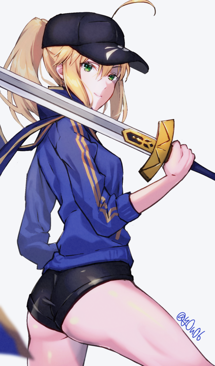 ahoge artoria_pendragon_(all) ass baseball_cap black_hat black_shorts blonde_hair blue_jacket blue_scarf closed_mouth excalibur fate/grand_order fate_(series) green_eyes hat highres himitsucalibur holding holding_sword holding_weapon jacket long_hair long_sleeves looking_at_viewer looking_back mysterious_heroine_x ponytail scarf shiny shiny_skin shorts smile standing sword weapon white_background you06