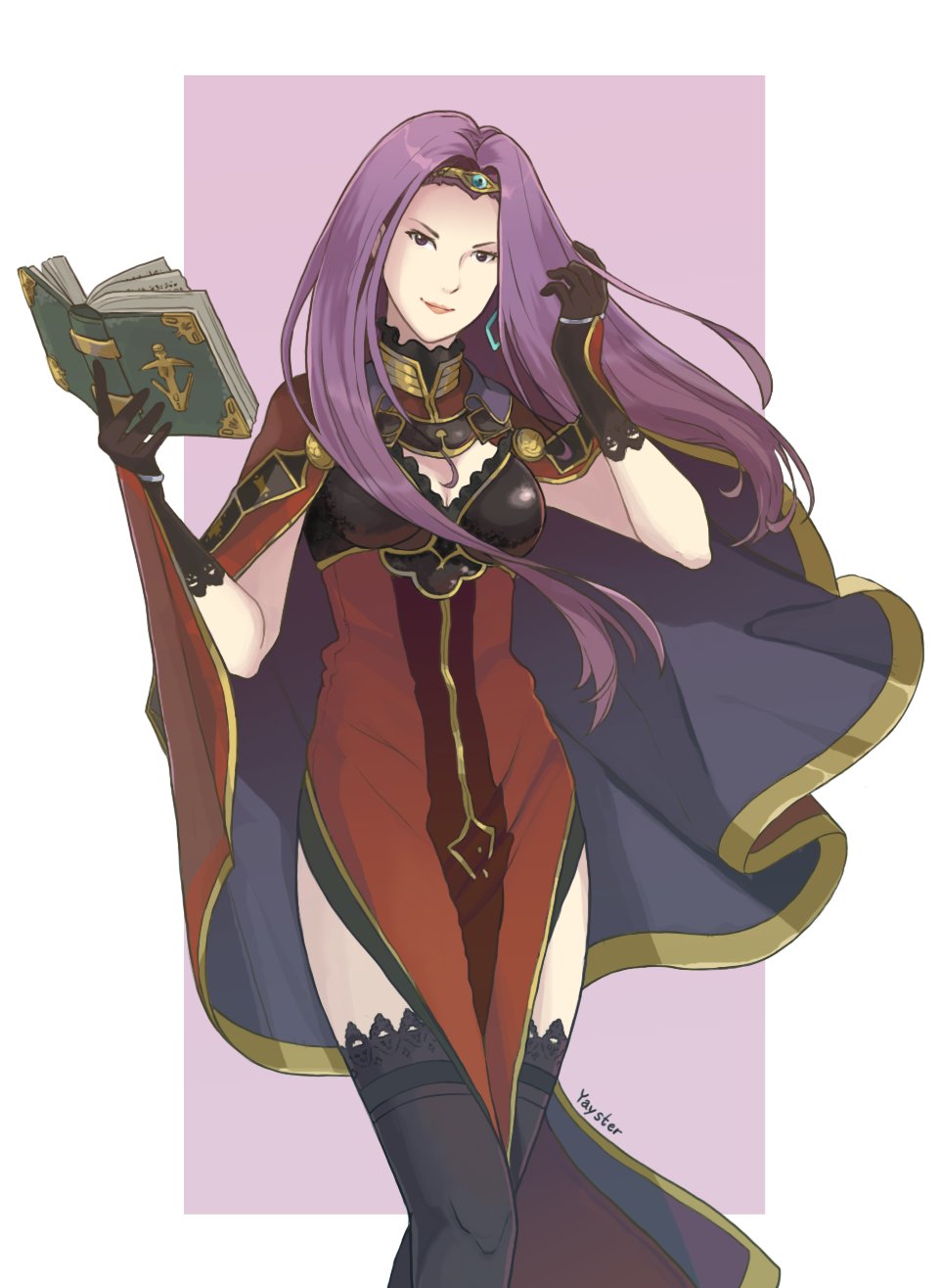 1girl armor artist_request black_gloves breasts cape cleavage dress earrings fire_emblem fire_emblem_echoes:_mou_hitori_no_eiyuuou gloves highres jewelry long_hair purple_hair smile solo sonia_(fire_emblem_gaiden) thigh-highs tiara violet_eyes