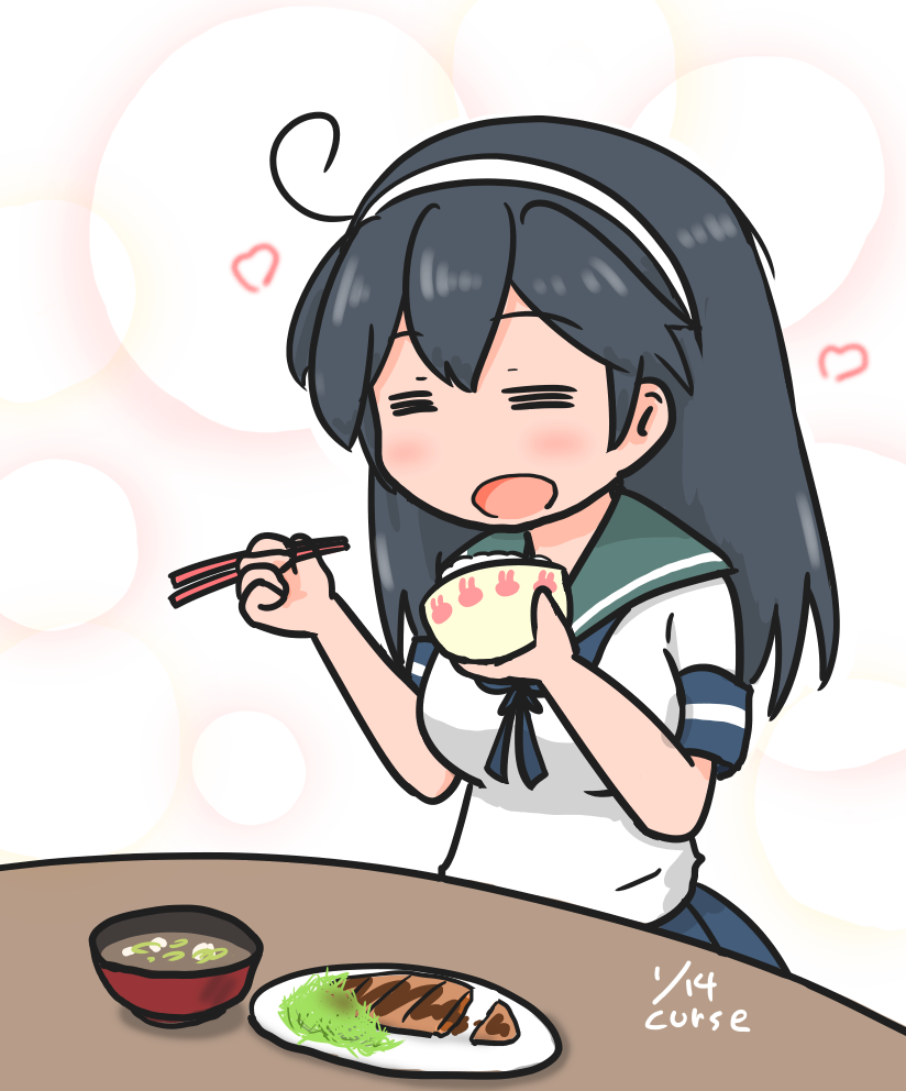 1girl =_= ahoge blush cabbage curse_(023) dated headband kantai_collection long_hair meal miso_soup rice school_uniform serafuku skirt table tonkatsu uniform ushio_(kantai_collection) white_background