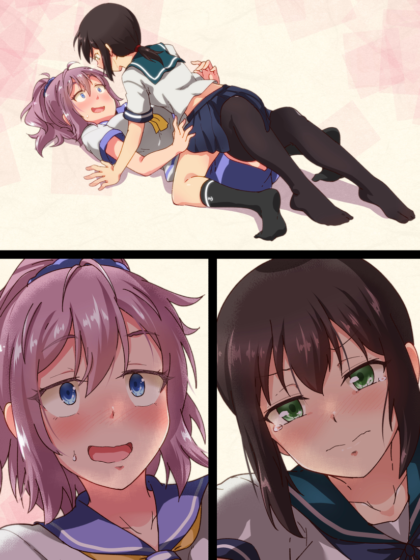 2girls all_fours aoba_(kantai_collection) black_hair black_legwear blue_eyes blush comic fubuki_(kantai_collection) green_eyes kakiha_makoto kantai_collection low_ponytail lying messy_hair multiple_girls neckerchief on_back pink_hair pleated_skirt ponytail school_uniform scrunchie serafuku short_ponytail short_sleeves shorts sidelocks silent_comic skirt sweatdrop thigh-highs yuri