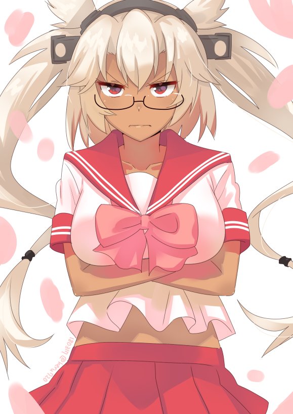 1girl breasts collarbone crossed_arms embarrassed frown glasses hair_flaps headgear kantai_collection large_breasts long_hair looking_at_viewer midriff musashi_(kantai_collection) pink_skirt platinum_blonde pleated_skirt red_eyes sailor_collar school_uniform serafuku short_sleeves simple_background skirt solo tan tonari_no_kai_keruberosu twintails upper_body very_long_hair white_background