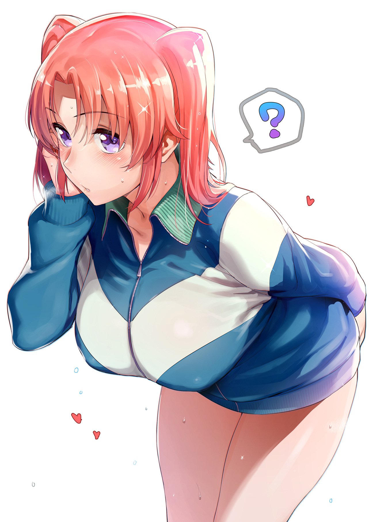 1girl :o ? arm_behind_back bangs blue_jacket blush breasts breath collarbone collared_jacket commentary_request dripping erect_nipples eyebrows_visible_through_hair hair_between_eyes hair_tucking hand_in_hair hand_up heart highres iku_(ikuchan_kaoru) jacket large_breasts leaning_forward legs_together long_sleeves looking_at_viewer medium_hair mikakunin_de_shinkoukei no_pants orange_hair parted_bangs parted_lips shiny shiny_hair sidelocks simple_background solo sparkle spoken_question_mark standing sweat track_jacket two_side_up violet_eyes water_drop white_background wing_collar yonomori_kobeni zipper zipper_pull_tab