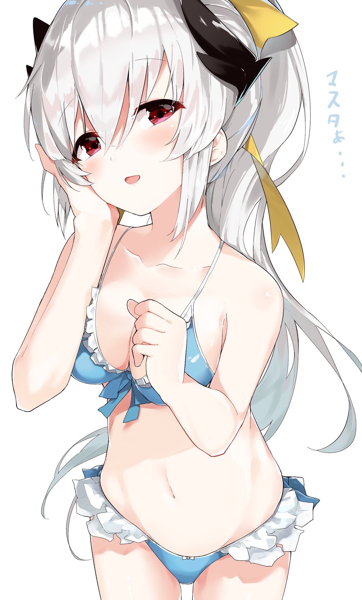 1girl bikini blue_bikini cowboy_shot dragon_horns fate/grand_order fate_(series) frilled_bikini frills front-tie_top hair_ribbon hand_on_own_face highres horns kiyohime_(fate/grand_order) kiyohime_(swimsuit_lancer)_(fate) kura_ekaki long_hair red_eyes ribbon silver_hair simple_background solo swimsuit white_background yellow_ribbon