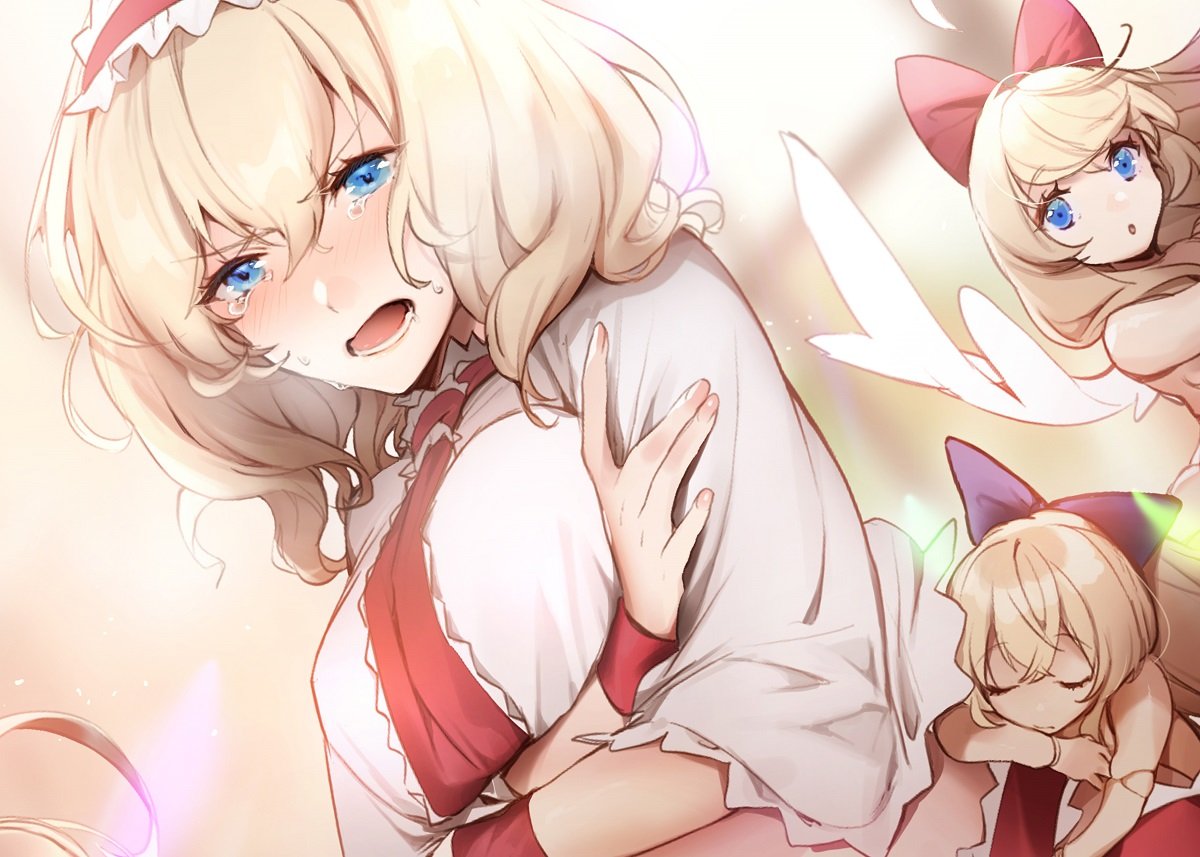 3girls :o alice_margatroid bangs beige_background blonde_hair blue_eyes blurry blurry_background blush breasts capelet closed_eyes commentary_request crossed_arms crying crying_with_eyes_open dutch_angle eyebrows_visible_through_hair hair_between_eyes hairband lolita_hairband long_hair looking_at_viewer medium_breasts multiple_girls no-kan open_mouth parted_lips red_hairband red_neckwear shanghai_doll short_hair tears touhou upper_body v-shaped_eyebrows white_capelet wrist_cuffs
