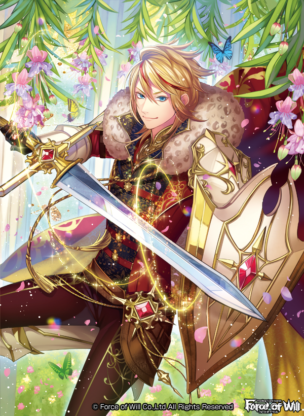 1boy blue_eyes butterfly cape company_name flower force_of_will fur_trim leaf long_hair male_focus matsurika_youko multicolored_hair official_art petals redhead shield solo sparkle sword two-tone_hair weapon