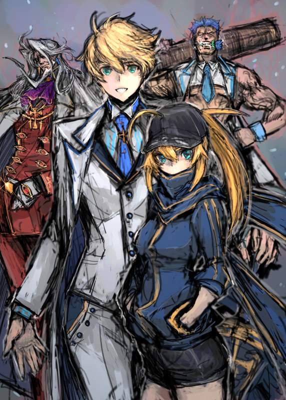 1girl 3boys artoria_pendragon_(all) artoria_pendragon_(lancer) beard blue_eyes blue_flower blue_neckwear blue_rose breasts christopher_columbus_(fate/grand_order) cosplay cravat crop_top facial_hair fate/grand_order fate/prototype fate_(series) fergus_mac_roich_(fate/grand_order) flower formal large_breasts long_hair long_ponytail moto_murabito mouth_hold multiple_boys mysterious_heroine_x mysterious_heroine_x_(cosplay) necktie rose saber_(fate/prototype) shorts sketch smile suit white_suit