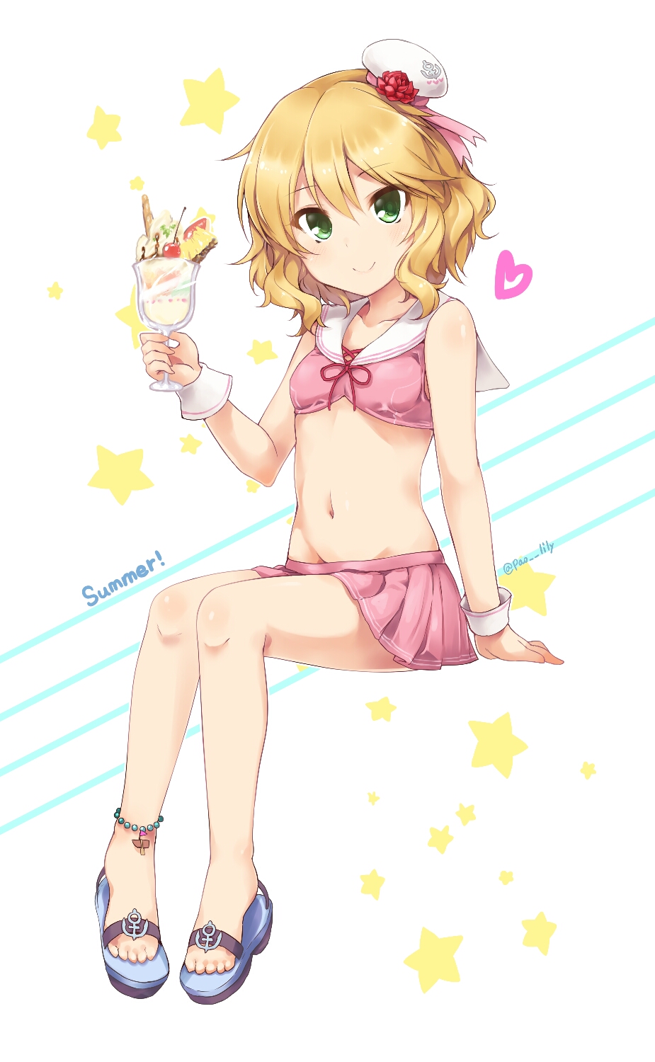 1girl blonde_hair blush breasts glass green_eyes highres idolmaster idolmaster_cinderella_girls looking_at_viewer navel paopao sailor_bikini_top sakurai_momoka short_hair skirt small_breasts smile solo star wavy_hair