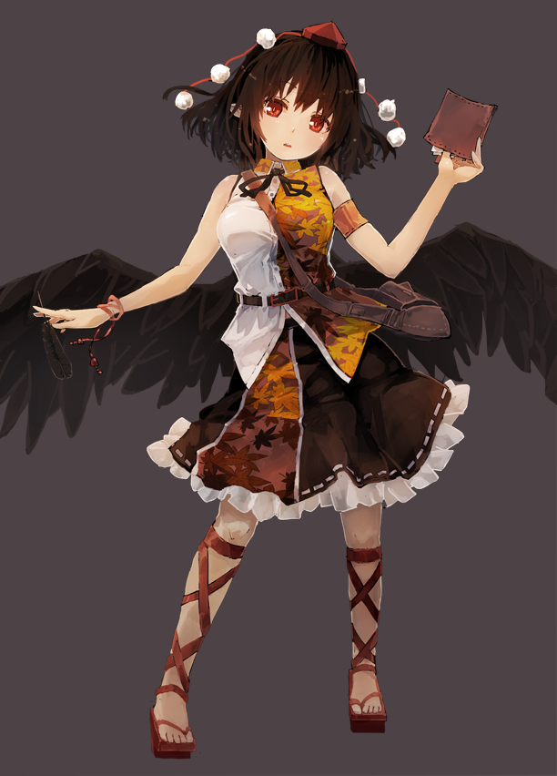 1girl bag black_hair black_skirt breasts full_body futatsuki_eru geta hat looking_at_viewer medium_breasts notebook pom_pom_(clothes) quill red_eyes sandals shameimaru_aya shirt shoulder_bag skirt sleeveless sleeveless_shirt solo standing tokin_hat touhou