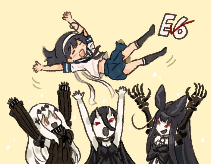 4girls ahoge aircraft_carrier_water_oni arms_up battleship_hime black_hair bow choker claws closed_eyes comic commentary_request detached_sleeves dress hachimaki hair_between_eyes hair_bow hair_ornament headband horns kantai_collection long_hair long_sleeves midriff multiple_girls open_mouth otoufu pleated_skirt red_eyes school_uniform seaplane_tender_hime serafuku shinkaisei-kan skirt sleeveless sleeveless_dress smile ushio_(kantai_collection) white_hair yellow_background