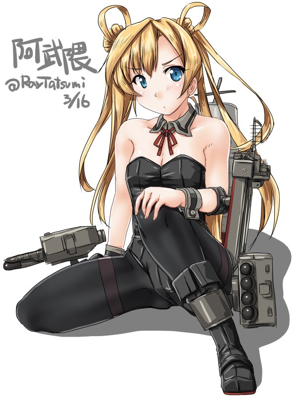 1girl abukuma_(kantai_collection) adapted_costume black_footwear black_legwear black_leotard blonde_hair blue_eyes boots character_name dated detached_collar double_bun full_body hair_rings kantai_collection leotard long_hair looking_at_viewer machinery neck_ribbon pantyhose playboy_bunny_leotard red_ribbon remodel_(kantai_collection) ribbon shadow simple_background sitting solo strapless strapless_leotard tatsumi_rei torpedo white_background wrist_cuffs