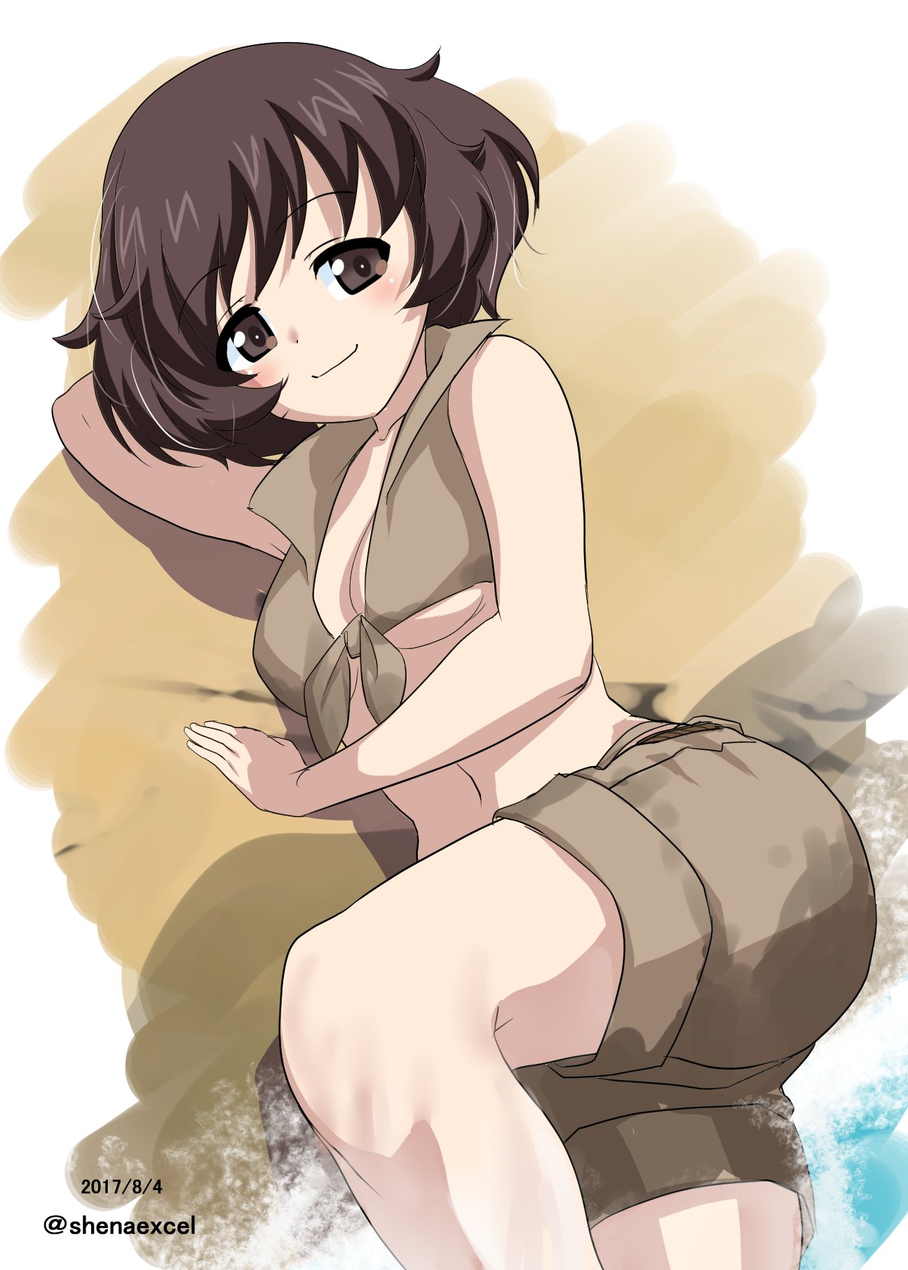 1girl akiyama_yukari arm_behind_head arm_support bangs breasts brown_background brown_eyes brown_hair brown_shirt brown_shorts casual cleavage closed_mouth commentary_request crop_top dated excel_(shena) eyebrows_visible_through_hair front-tie_top girls_und_panzer highres looking_at_viewer lying medium_breasts messy_hair midriff navel on_side shirt short_hair short_shorts shorts sleeveless sleeveless_shirt smile solo twitter_username under_boob