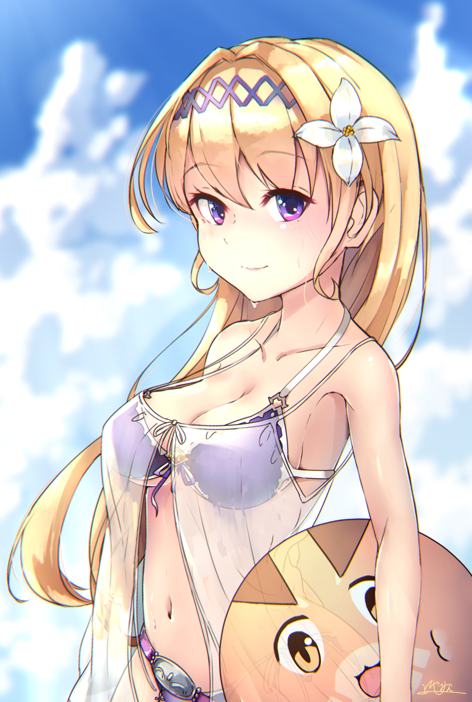 1girl ball beachball bikini blonde_hair breasts clouds eyebrows_visible_through_hair flower front-tie_bikini front-tie_top granblue_fantasy hair_flower hair_intakes hair_ornament hairband highres hiyashi_mikan jeanne_d'arc_(granblue_fantasy) large_breasts lily_(flower) long_hair looking_at_viewer navel purple_bikini see-through signature sky smile solo sweat swimsuit violet_eyes