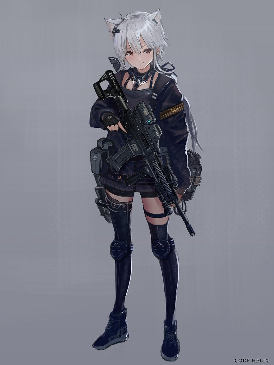 1girl animal_ears assault_rifle cat_ears fingerless_gloves gloves gun highres holding holding_gun holding_weapon inabi original rifle scope short_hair shorts silver_hair thigh-highs trigger_discipline weapon