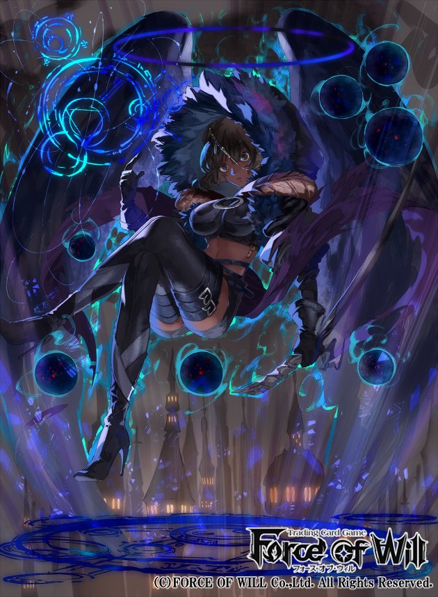 1girl black_eyes black_hair boots company_name feathered_wings force_of_will fur_trim gloves high_heel_boots high_heels hood magic_circle mayo_(becky2006) midriff navel official_art solo sword weapon wings