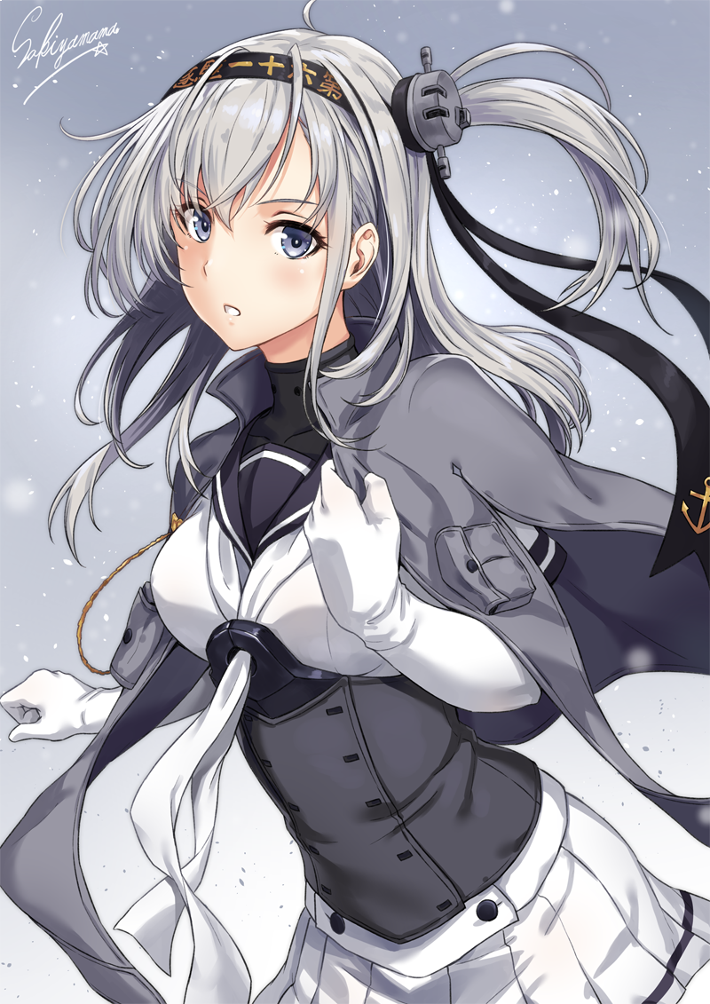 1girl ahoge artist_name bangs black_headband blush bodysuit breasts clothes_writing corset elbow_gloves eyebrows_visible_through_hair gloves grey_background grey_jacket hair_ornament headband jacket kantai_collection long_hair long_sleeves looking_at_viewer medium_breasts miniskirt off_shoulder open_clothes open_jacket parted_lips pleated_skirt sailor_collar sakiyamama side_ponytail skirt solo suzutsuki_(kantai_collection) upper_body white_bodysuit white_neckwear white_skirt