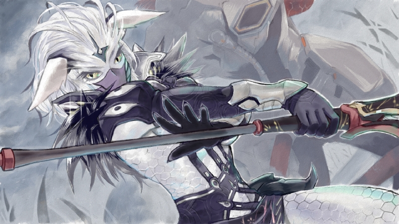 1boy 1girl animal_ears armor black_gloves cat_ears eyelashes facing_away fur_collar gae_buidhe_(xenoblade_x) gae_dearg_(xenoblade_x) gloves hanabusa_(xztr3448) holding holding_spear holding_weapon mask polearm short_hair solo_focus spear vambraces weapon white_hair x_arms xenoblade xenoblade_chronicles_x yellow_eyes