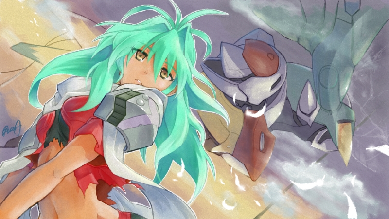 1girl bangs crescens dark_skin emerada_(xenogears) eyebrows eyebrows_visible_through_hair eyelashes eyes_visible_through_hair facing_away feathers green_hair hair_between_eyes hair_intakes hanabusa_(xztr3448) long_hair mecha messy_hair midriff navel parted_lips scarf shirt short_sleeves shoulder_pads signature solo stomach torn_clothes torn_shirt white_scarf xenogears yellow_eyes