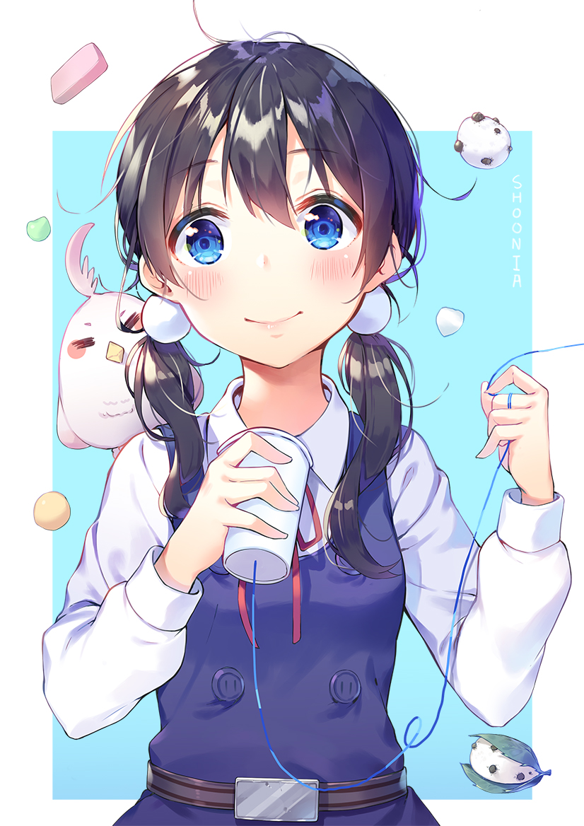 1girl =_= artist_request bird black_hair blue_background blue_dress blue_eyes blush closed_eyes closed_mouth collared_shirt commentary_request dera_mochimazzui dress food holding kitashirakawa_tamako long_hair long_sleeves low_twintails mochi neck_ribbon paper_cup red_ribbon ribbon school_uniform shirt shoonear sleeveless sleeveless_dress smile string_phone tamako_market twintails two-tone_background wagashi white_background white_shirt