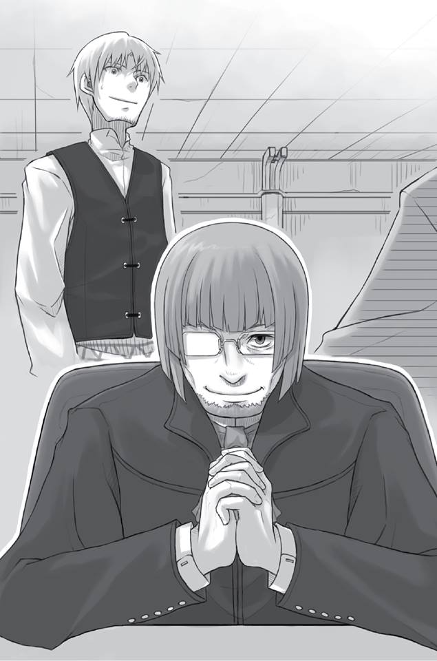 2boys ayakura_juu beard craft_lawrence dress_shirt facial_hair glasses greyscale hands_clasped indoors monochrome multiple_boys novel_illustration official_art own_hands_together richten_marlheit shirt sitting smile spice_and_wolf standing sweatdrop