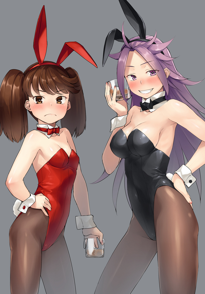 2girls ahoge alternate_costume animal_ears armpits bangs bare_shoulders black_bow black_hairband black_leotard black_neckwear blush bow bowtie breasts brown_eyes brown_legwear bunny_tail bunnysuit cleavage contrapposto covered_navel cowboy_shot cup detached_collar drinking_glass flat_chest gahaku grey_background hairband hand_on_hip holding holding_drinking_glass ice ice_cube jun'you_(kantai_collection) kantai_collection large_breasts legs_apart leotard long_hair looking_at_viewer multiple_girls nose_blush pantyhose parted_bangs purple_hair rabbit_ears red_bow red_leotard red_neckwear ryuujou_(kantai_collection) shiny shiny_skin simple_background standing straight_hair strapless strapless_leotard tail twintails v-shaped_eyebrows very_long_hair violet_eyes wrist_cuffs